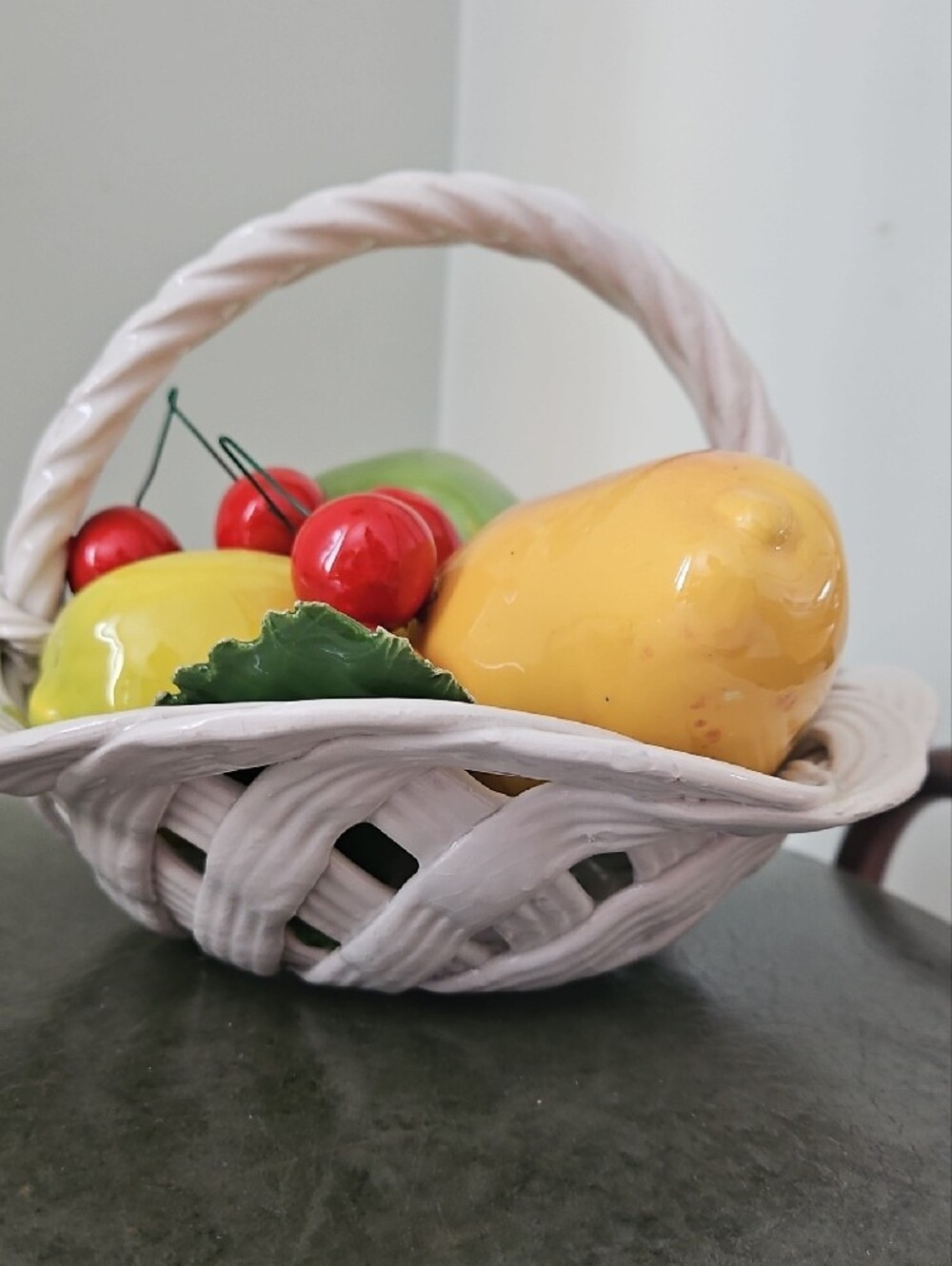 Ceramic Fruit Basket Accent - White Basket with Yellow, Green & Red Fruit Italy